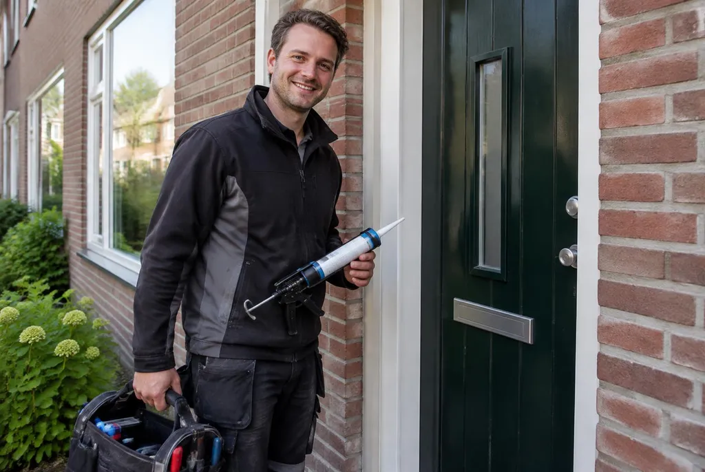 Vakman van Kitbedrijf Schagen bij de voordeur van een woning